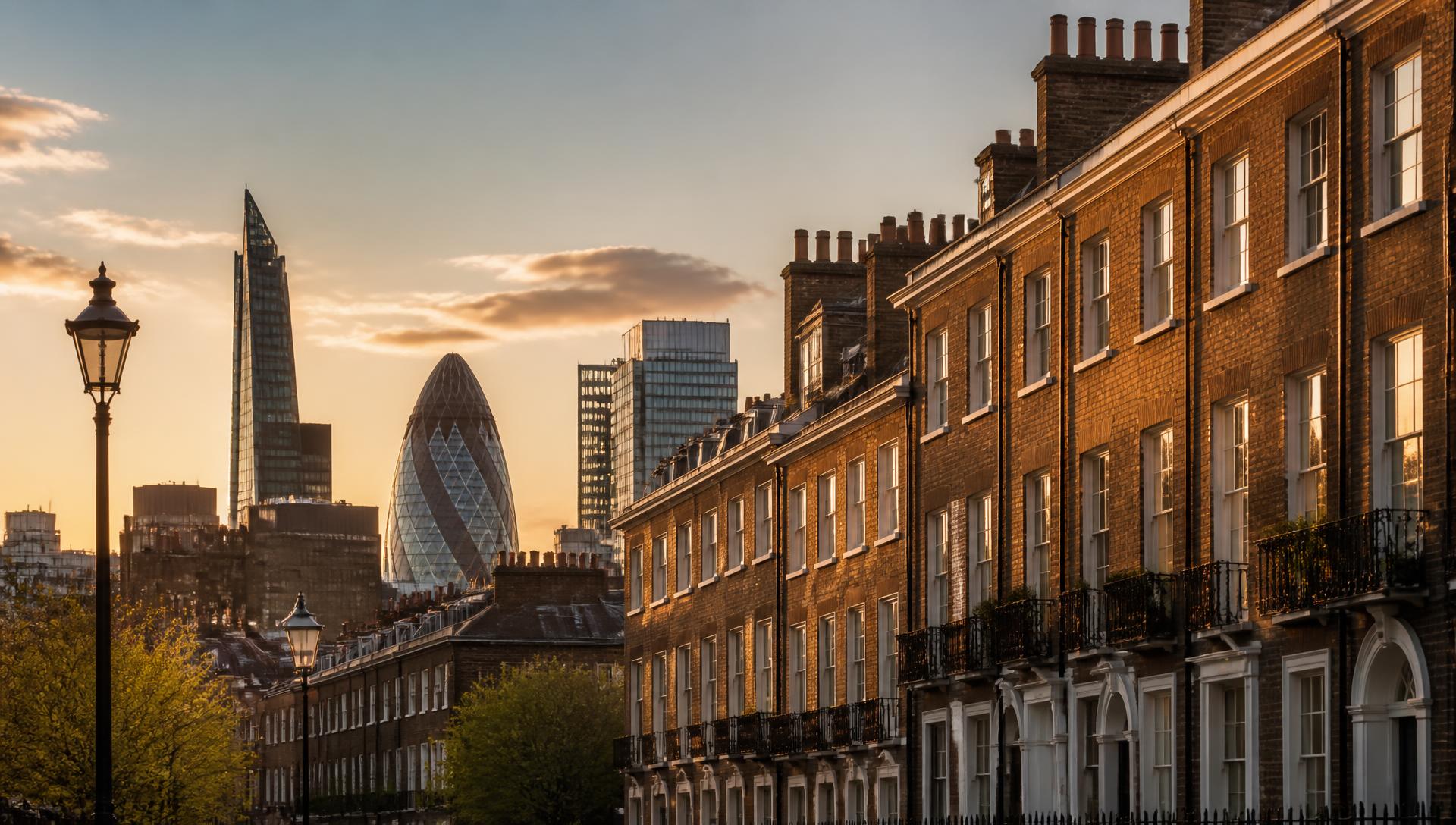 A row of Georgian terraced houses with the London skyline behind at golden hour